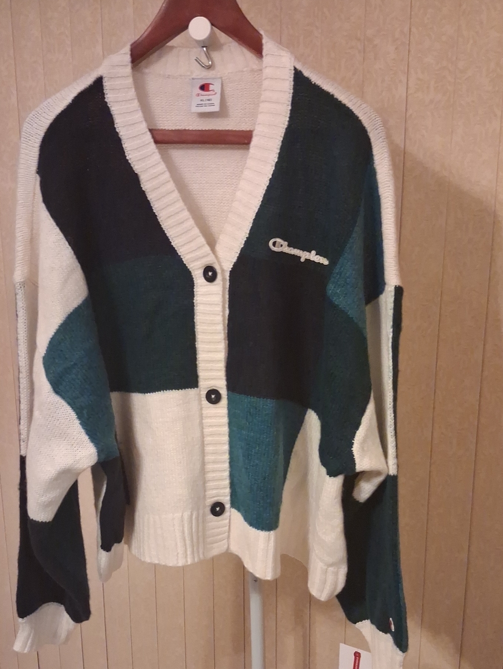Champion Cream, Dark Green & Teal Colorblock Knit Cardigan